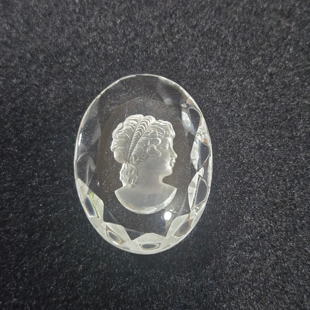 Vintage Frosted Intaglio Glass Cameo Cabochon Faceted Clear Oval Lady Portrait